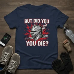 But Did You You Die? text with knight helmet and sword graphic on a navy t-shirt