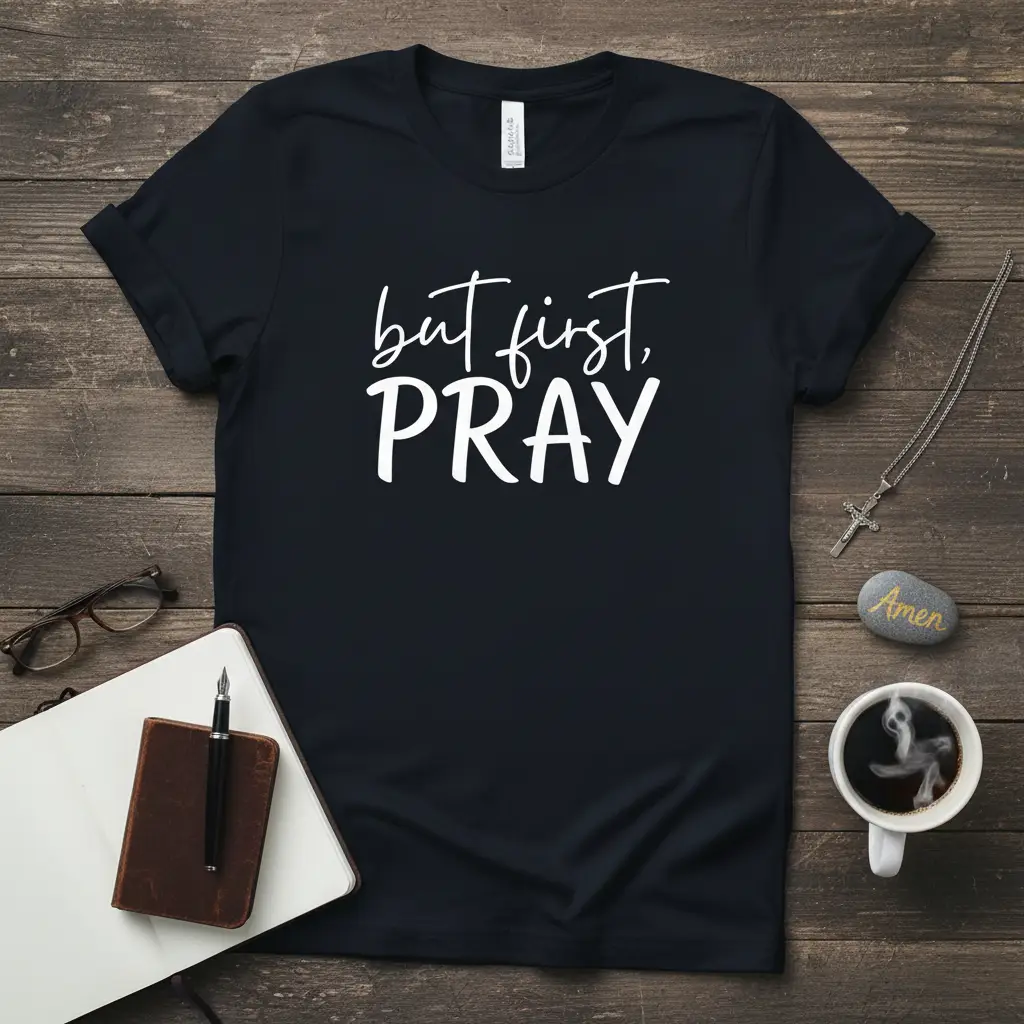 but first, PRAY quote on a black t-shirt, featuring elegant white script typography for Christian faith apparel