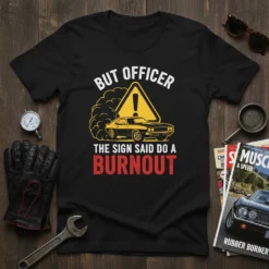 Black t-shirt with "But Officer The Sign Said Do A Burnout" text, featuring a yellow warning sign with a car