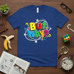 But Why? text design with colorful letters, question marks, and lightbulbs on a blue t-shirt