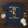 French Bulldog dressed as a butler holding a crown on a navy t-shirt with text "BUTLER to the CHIC FRENCHIE"