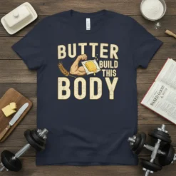Butter Build This Body text with muscular arm holding butter and wheat graphic on navy t-shirt