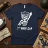 Navy t-shirt with white text "Buy Bonds Here 7th War Loan" and a graphic of a raised fist and upward