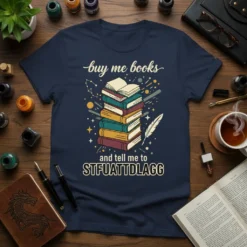 Buy Me Books and Tell Me to STFUATTDLAGG text with stack of books graphic on navy t-shirt