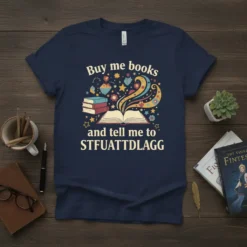 Navy t-shirt with "Buy me books and tell me to STFUATTDLAGG" text and an open book graphic with colorful stars