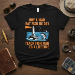 T-shirt with orange text "Buy A Man Eat Fish He Day Teach Fish Man To A Lifetime" featuring a lighthouse