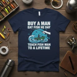 T-shirt design featuring the quote "Buy A Man Eat Fish He Day Teach Fish Man To A Lifetime" with a