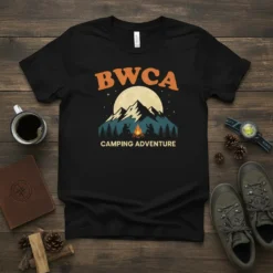 Black t-shirt with "BWCA Camping Adventure" text and a mountain landscape graphic with a campfire and two people