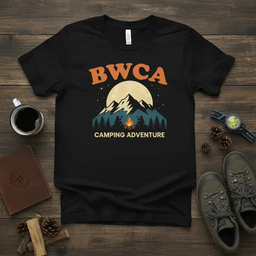 BWCA Camping Adventure graphic t-shirt with mountain scenery and campfire illustration