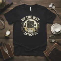 T-shirt design featuring the text "By The Way Antiques" with a vintage storefront graphic, clocks, and globe