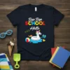 Bye Bye School Hello text with a unicorn on a pool float, beach ball, and sunglasses graphic on a navy