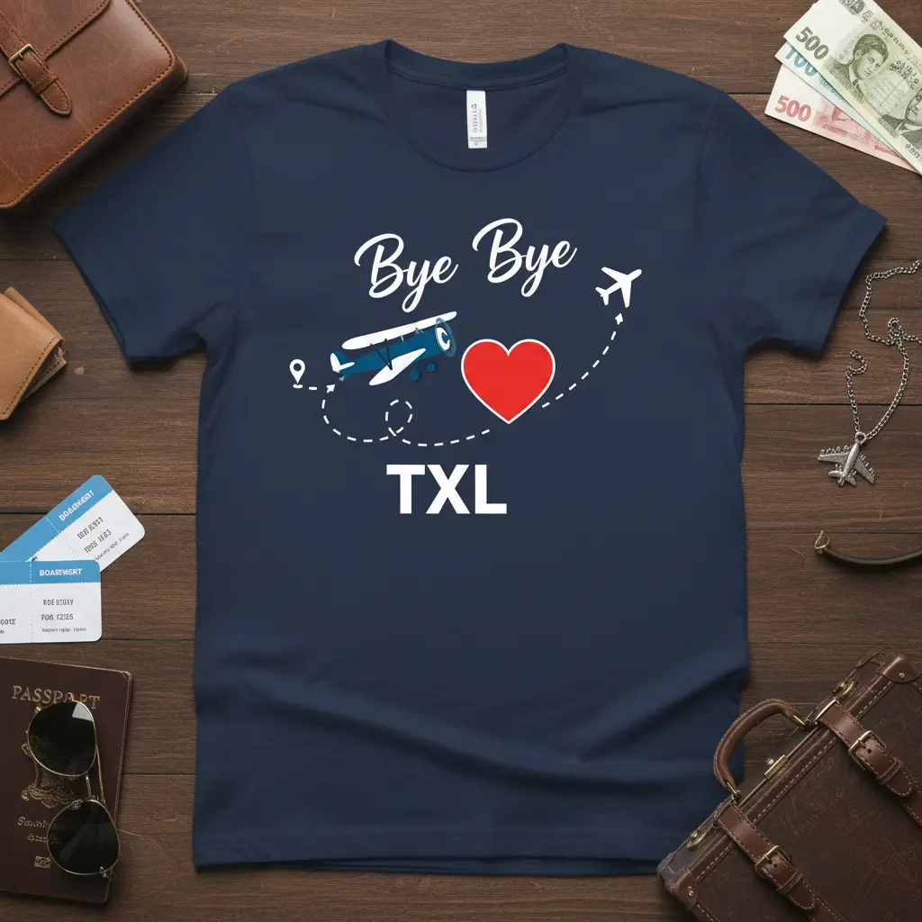 Bye Bye TXL airport code design with airplanes and heart on navy tee