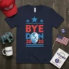 Navy blue t-shirt with red and blue text reading "BYE DON 2020" and a graphic of Joe Biden's face