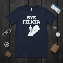 Bye Felicia text graphic with a person walking away in a cloud of smoke on a navy blue t-shirt