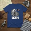 Blue t-shirt with BZH text and a black and white ermine design featuring Celtic knot patterns and a Breton flag