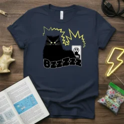 BZZZZ Cat Plugging In T-Shirt featuring a black cat near an electrical outlet with yellow lightning bolts and "BZZZZ" text