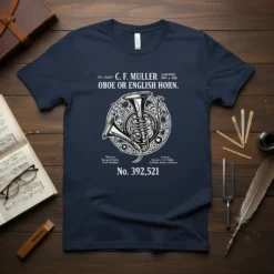 Navy blue t-shirt featuring the C. F. Muller Oboe or English Horn patent design from 1888, including patent number and