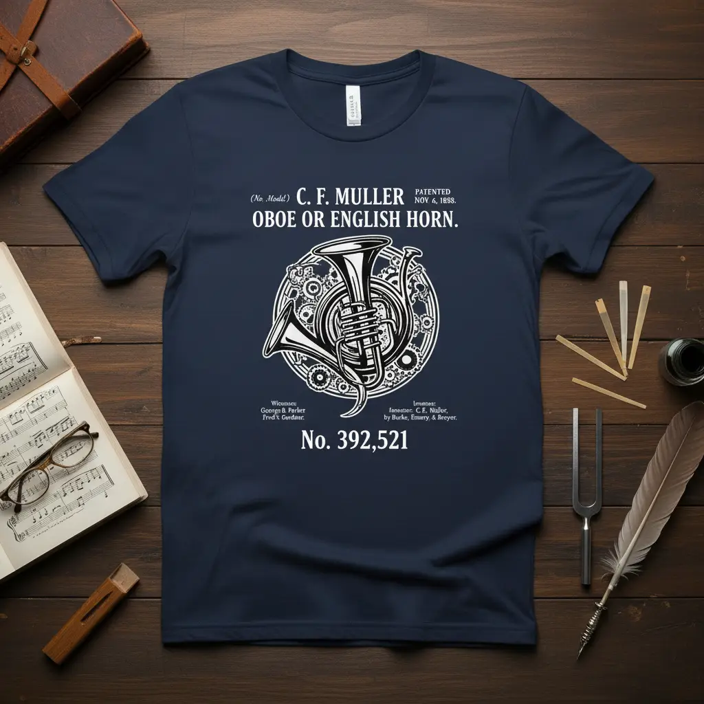 Detailed 1888 patent design for the C. F. Muller Oboe or English Horn, showcasing intricate illustrations and text on a navy shirt