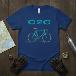 Blue t-shirt with teal "C2C" text above a teal road bike graphic with orange accents