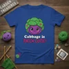 Cute purple cabbage character with green yarn hat saying "Cabbage is PATCH CUTIE!" on a royal blue t-shirt