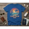 Cabo Crew 2025 t-shirt design featuring a retro sunset over the ocean with a palm tree, cactus, and waves