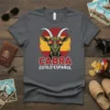 Cabra Estilo Español t-shirt design featuring a goat wearing sunglasses with the Spanish flag colors behind it
