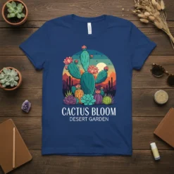 Cactus Bloom Desert Garden t-shirt design featuring a large saguaro cactus surrounded by smaller succulents under a sunset sky