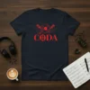 Café CODA t-shirt design featuring red text, vinyl record, and microphones on a dark navy shirt