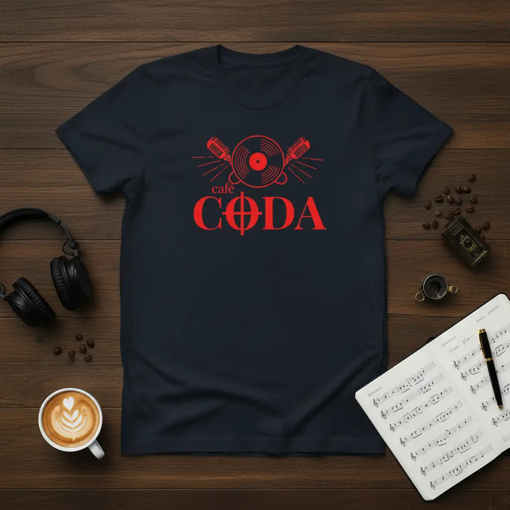 Café CODA logo with vinyl record and microphones, printed on a navy blue t-shirt for music and coffee lovers