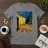Cafe Terrace at Night Van Gogh t-shirt featuring the iconic impressionist painting and artist's signature