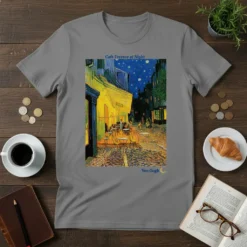 Cafe Terrace at Night Van Gogh t-shirt featuring the iconic impressionist painting and artist's signature