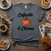 Cafecito & Chisme t-shirt design featuring black text and an orange coffee cup graphic