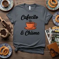 Cafecito & Chisme t-shirt design featuring black text and an orange coffee cup graphic