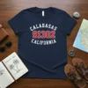 Navy blue t-shirt with white and red text "CALABASAS 91302 CALIFORNIA" for Calabasas residents