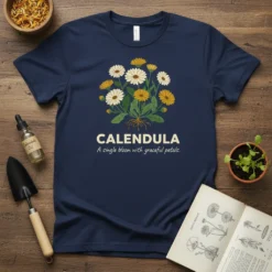Calendula t-shirt with botanical illustration of the flower and text "Calendula A single bloom with graceful petals"