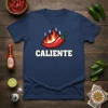 Navy blue t-shirt with the word CALIENTE in bold white letters and a red chili pepper with flames above it