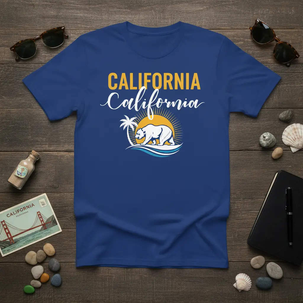 California California text with a white bear walking near a palm tree and sun on a blue t-shirt