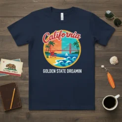 California Golden State Dreamin t-shirt with a circular beach design featuring the Golden Gate Bridge, palm trees, and ocean waves