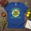 California Land of Fruits and Nuts T-Shirt featuring grapes, almonds, lemons, and cannabis leaves in a cornucopia design