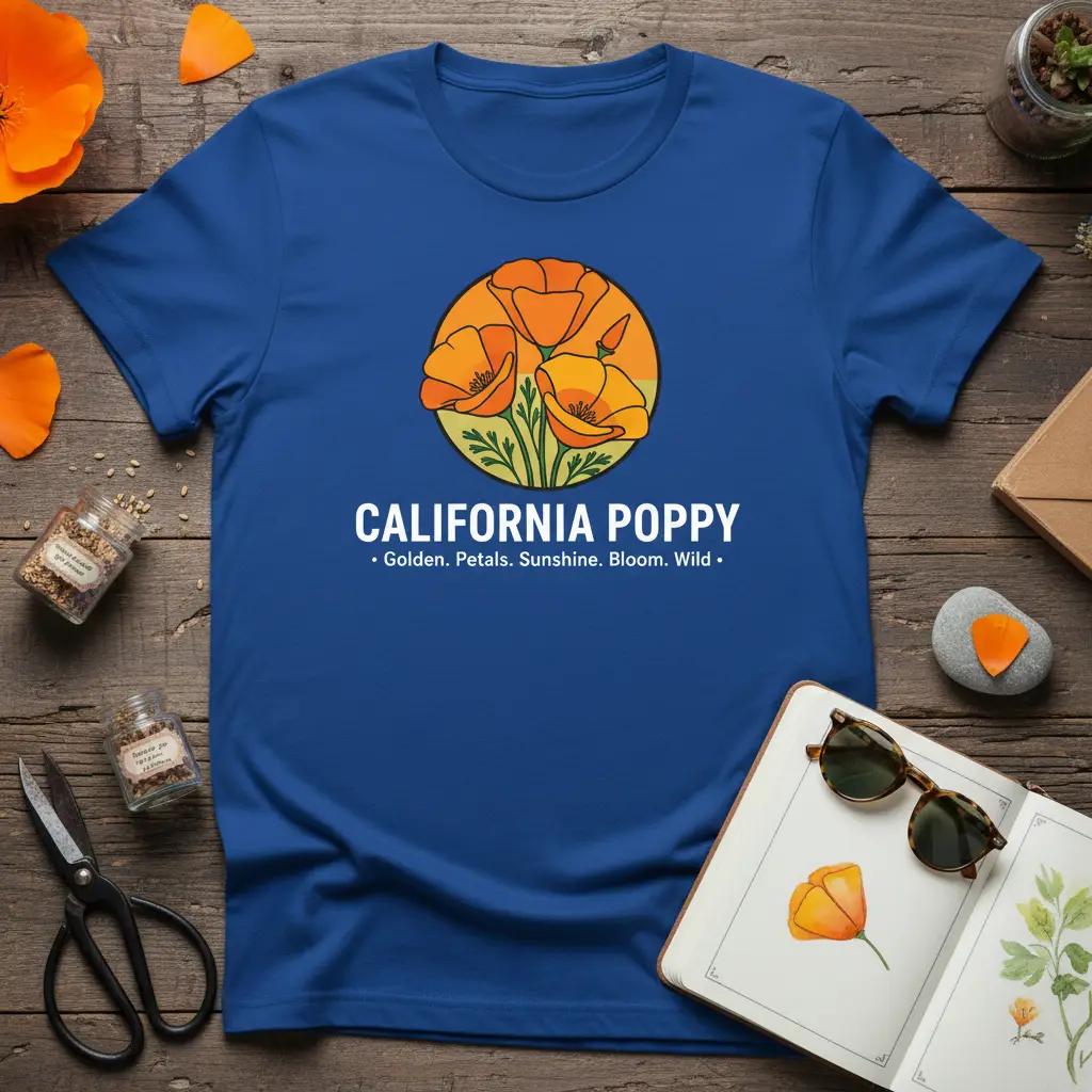 California Poppy Golden Petals Sunshine Bloom Wild quote on a blue t-shirt with floral graphic