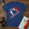 California rock climbing design with a silhouette climber, snowy mountains, and a red sun on a navy t-shirt