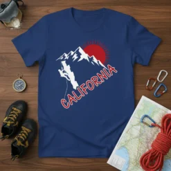 California rock climbing design with a silhouette climber, snowy mountains, and a red sun on a navy t-shirt