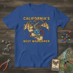 California's Best Wargamer T-Shirt with dragon, map, and D20 dice design