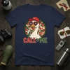 CALL ME T-Shirt with a cartoon duck wearing heart sunglasses and a baseball cap, holding a call, on a camouflage