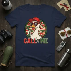 CALL ME T-Shirt with a cartoon duck wearing heart sunglasses and a baseball cap, holding a call, on a camouflage