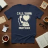 Call Your Mother quote with vintage phone and heart graphic on a navy blue t-shirt