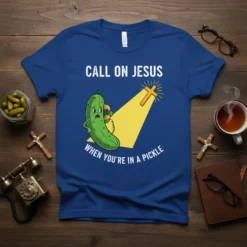 Call On Jesus When You're In A Pickle Christian t-shirt design with a cartoon pickle on the phone and a