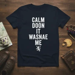 Calm Doon It Wasnae Me Scottish phrase t-shirt with a white lion graphic