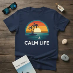 Calm Life text with a tropical sunset, island, palm trees, and sailboat graphic on a navy blue t-shirt