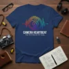 Camera Heartbeat The Rhythm Of My Soul t-shirt with a rainbow gradient heartbeat pulse around a camera graphic